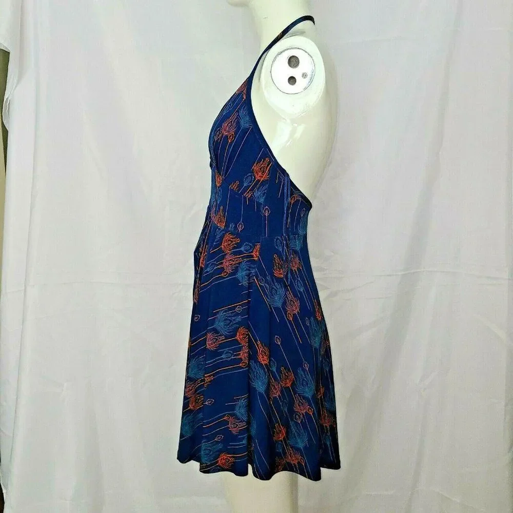 Free People Blue Peacock feather print Lined Halter Dress Boho Extra Small XS - Picture 3 of 11